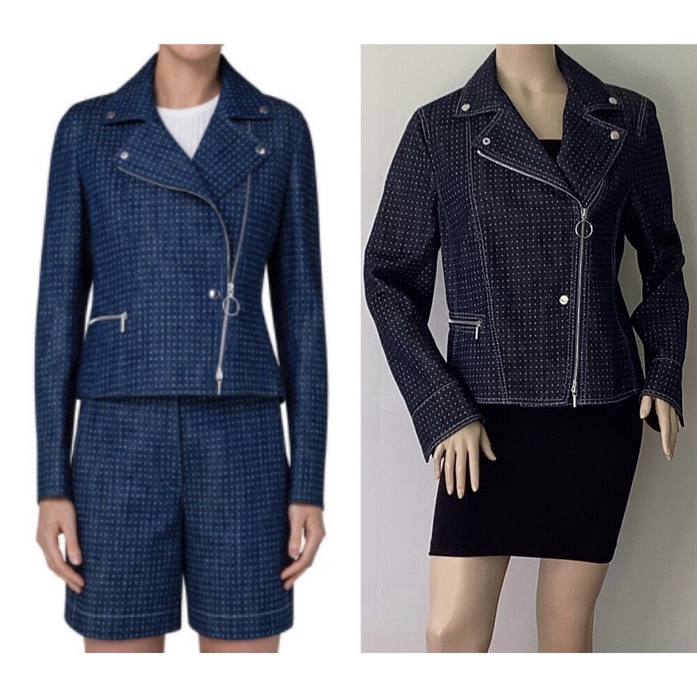 NEW AKRIS PUNTO (Size 12) $1290 Denim Dot Motorcycle Style Asymmetrical Jacket